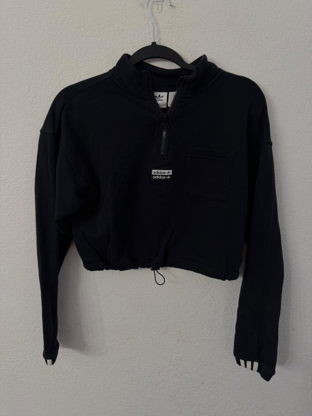 Adidas Originals Black Cropped Quarter-Zip Sweatshirt size medium Womens Drawstr